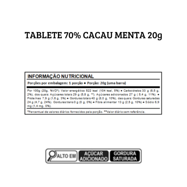 Barra de chocolate 70% cacau menta 20g - Imagem 2