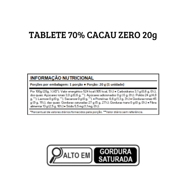 Barra de chocolate zero 70% cacau 20g - Image 2